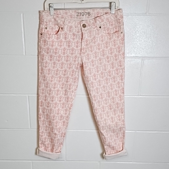Pink & White Print Cropped Ankle Stretch Jeans Midrise - Picture 1 of 11